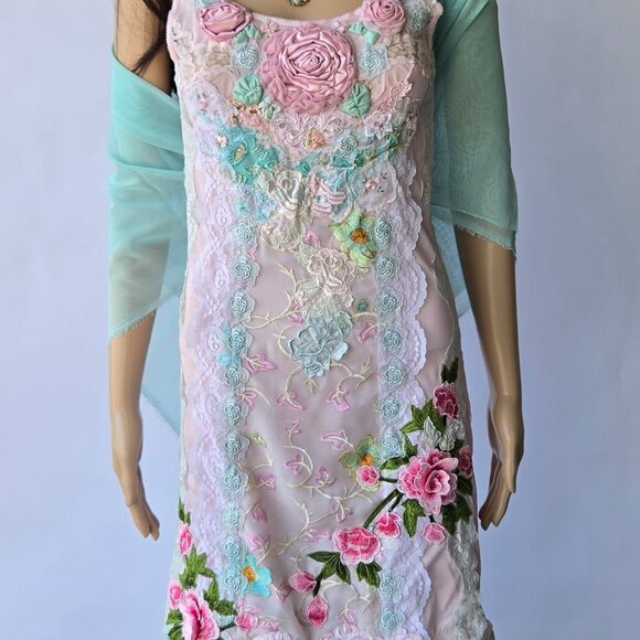 Handmade OOAK Pink Slip Dress - Feminine Vintage Lace & Embroidered Design XS/S - Picture 10 of 12